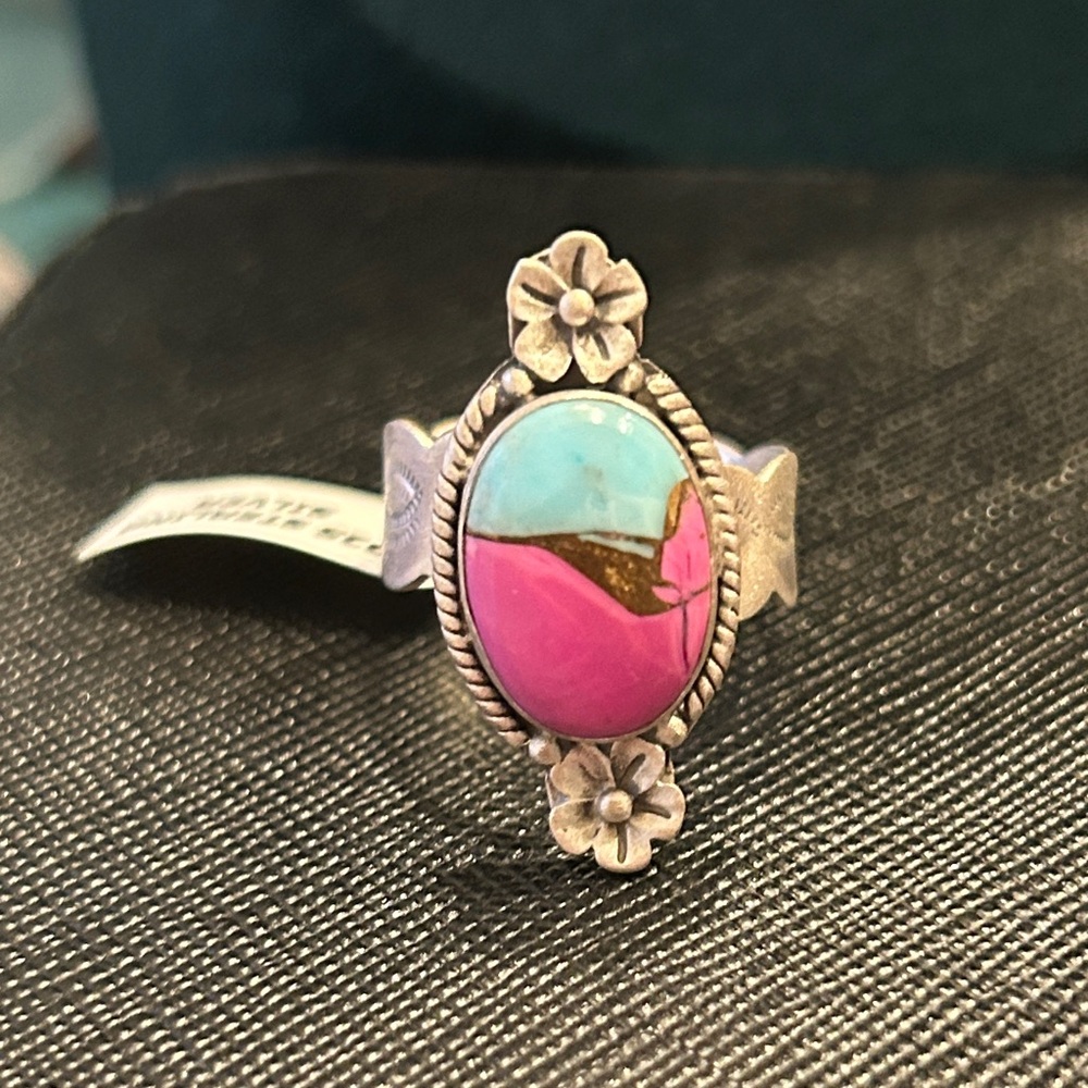 Artisan BOHO crafted cotton candy Silver‎ turquoise ring adjustable
